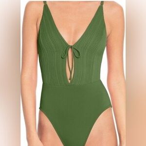 Robin Piccone Lily Basil Green One Piece Swimsuit with Tie Front Size 6